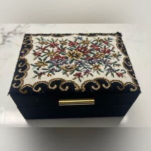 Vintage antique mini needlepoint tapestry floral satin victorian jewelry box